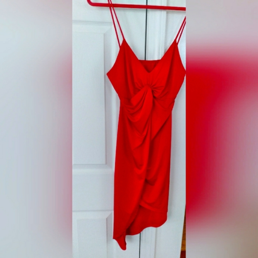 Red, sexy mini dress with spaghetti straps.